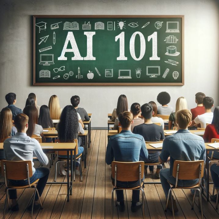 A diverse group of students in a classroom, attentively focused on a blackboard with 'AI 101' written in chalk, symbolizing active engagement in learning artificial intelligence.