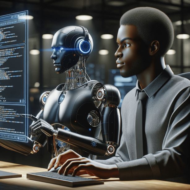 Focused engineer programming a humanoid robot, symbolizing the personalization of AI technology.