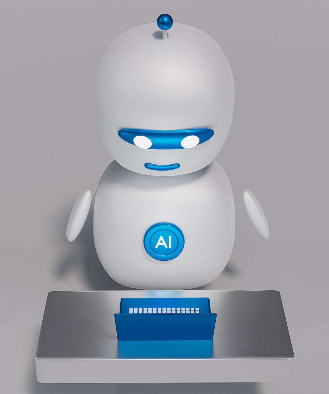 3D illustration of a friendly-looking robot with an 'AI' badge, standing behind a desk with a laptop.
