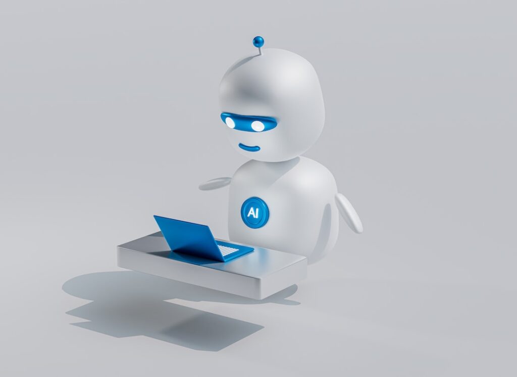3D illustration of a robot with an 'AI' badge using a laptop on a desk