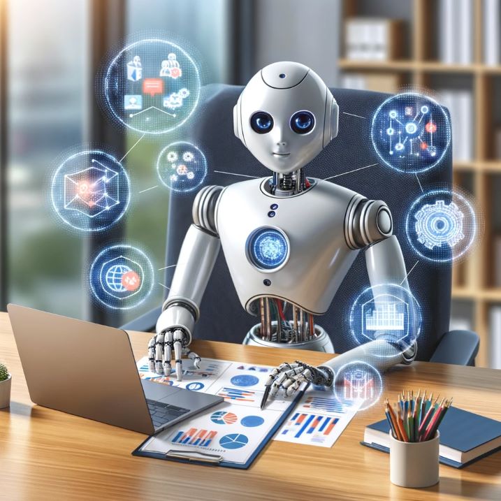 An AI robot at a desk, surrounded by floating icons representing business plan components such as market analysis and financial modeling, methodically organizing them into a structured plan.