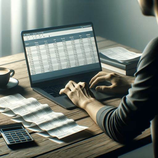 Person intently working on a laptop with a spreadsheet displayed, surrounded by neatly arranged receipts on a desk, symbolizing organized financial tracking for a side hustle.