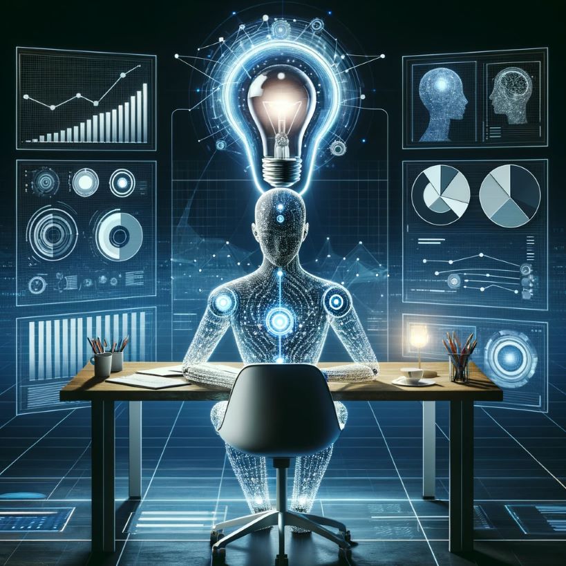 A digital humanoid figure seated at a desk, surrounded by futuristic displays, with a light bulb overhead symbolizing idea generation in an AI-empowered entrepreneurial setting.