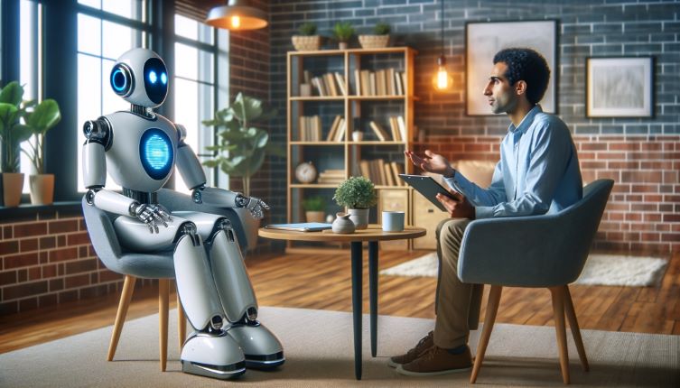 AI robot with a digital tablet interviewing a human in a cozy office setup.