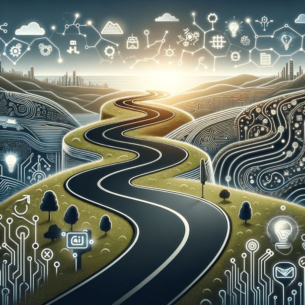 An illustrative image showing a winding road meandering through a landscape filled with symbols of AI and entrepreneurship, such as circuit patterns, digital icons, lightbulbs, and briefcases, representing the challenging yet rewarding journey of AI-driven entrepreneurship.