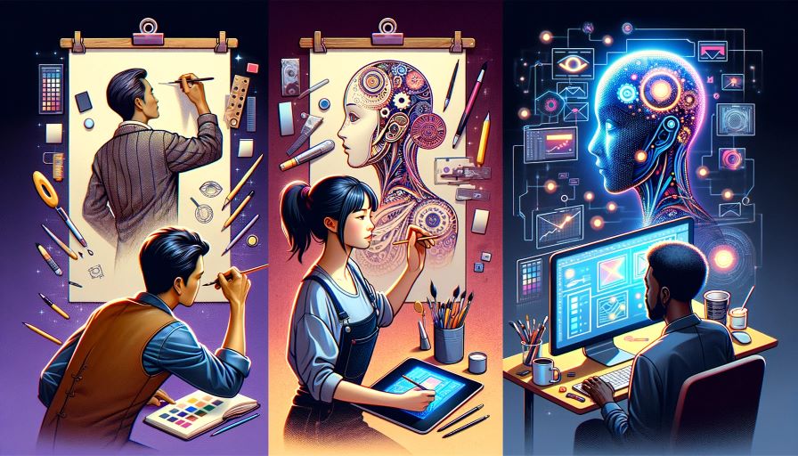 Triptych illustration showcasing the evolution of graphic design: a Hispanic man sketching, an Asian woman using digital tools, and a Black man with AI.