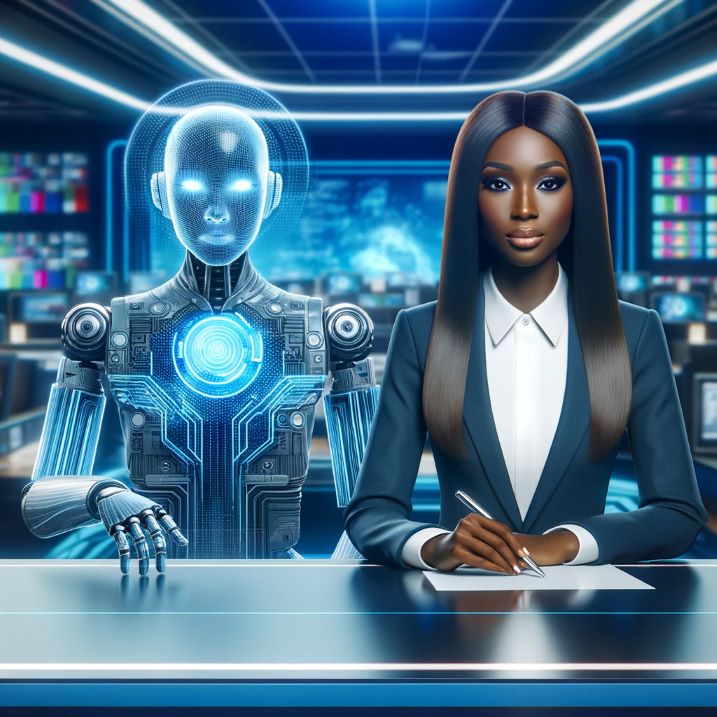 Futuristic news desk with a black woman and an AI entity co-anchoring, surrounded by high-tech digital elements.
