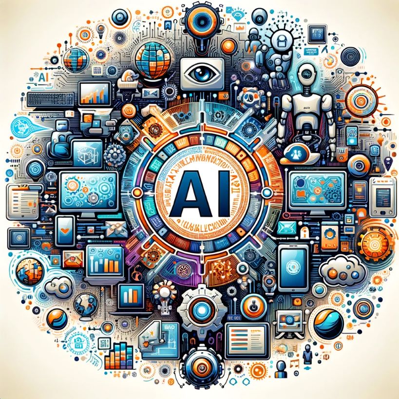 Illustration of 'AI' in bold letters at the center surrounded by various AI technologies such as robotics, machine learning, and computer vision.