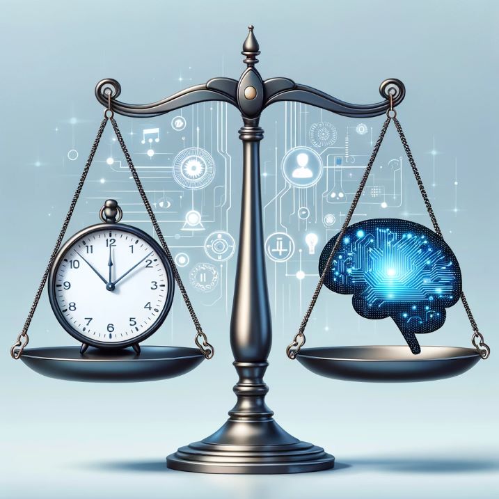 Illustration of balanced scales with a clock on one side and AI brain on the other, symbolizing the harmony between time management and AI technology. Beat Burnout Easily