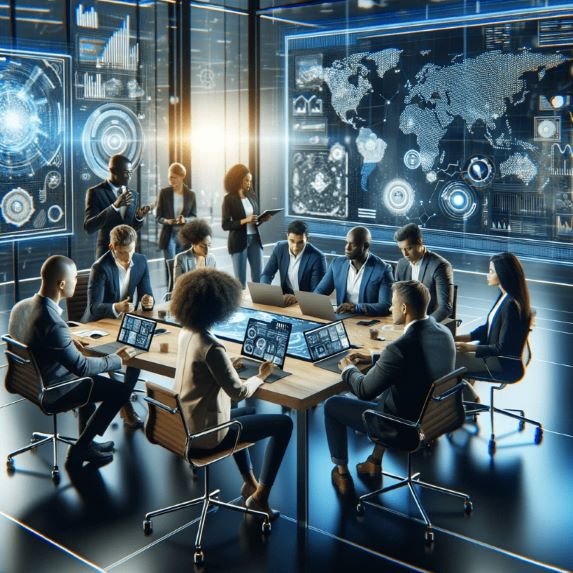 A diverse group of entrepreneurs, including black individuals, brainstorming around a table in a futuristic office setting, with laptops, digital tablets, and AI-related diagrams on large screens.