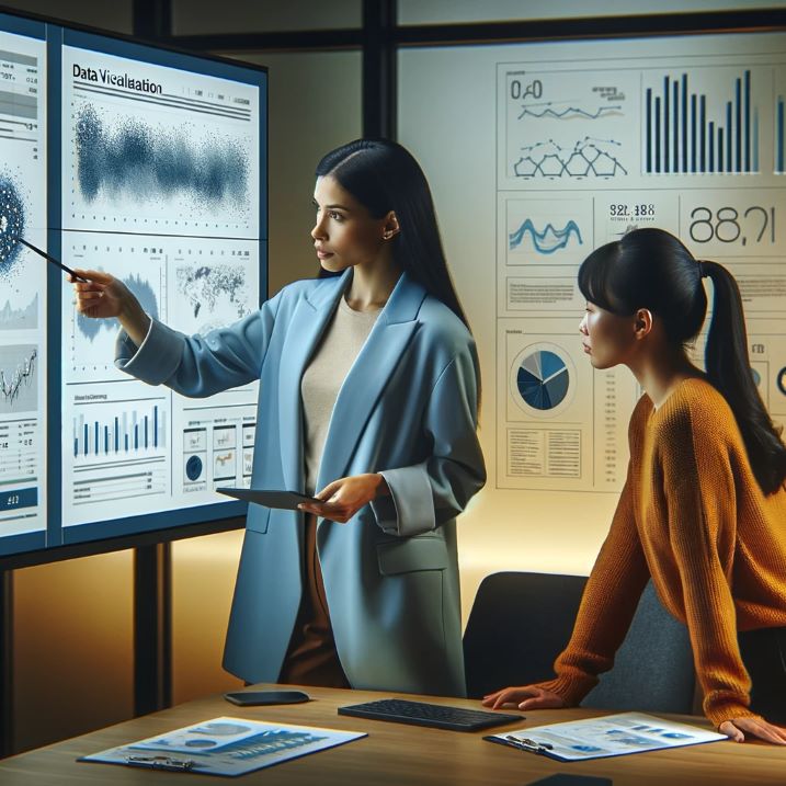 Two professional women, one Latina and one Asian, utilize AI Analytics in entrepreneurship, analyzing data visualizations on a large monitor in a modern office