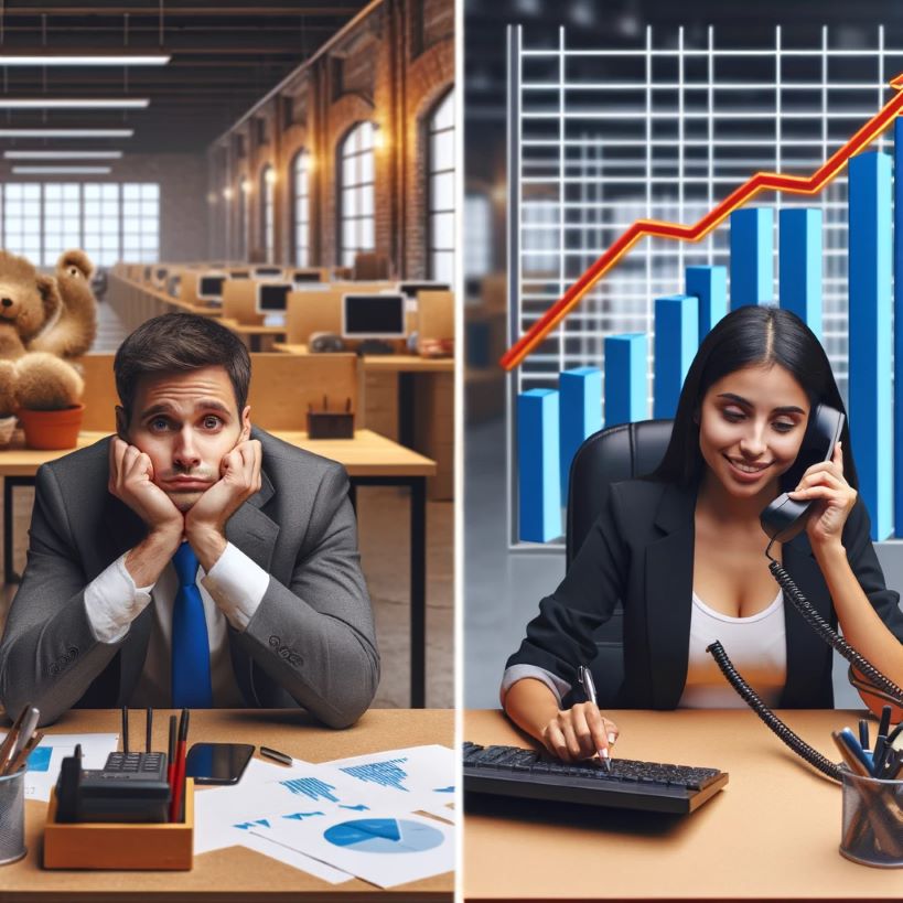 On the left, a bored man sits at a desk, twiddling his thumbs in an empty office, symbolizing lack of customers. On the right, a busy woman talks on the phone at a desk with multiple active lines, with a whiteboard behind her showing a rising profit trend, representing successful business due to high demand.
