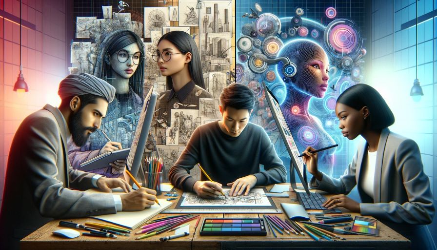 Panoramic image displaying the evolution of graphic design: A Middle-Eastern woman sketches with traditional tools, an Asian man designs with digital equipment, and a Black woman interacts with AI-driven graphic interfaces.