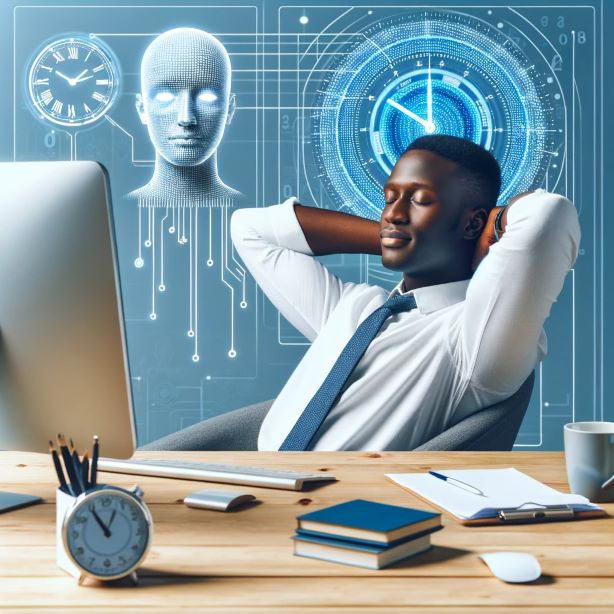 Image of a relaxed black man sitting at an organized desk with a digital clock, modern PC, and AI-themed elements, exemplifying efficient time management. Beat Burnout Easily