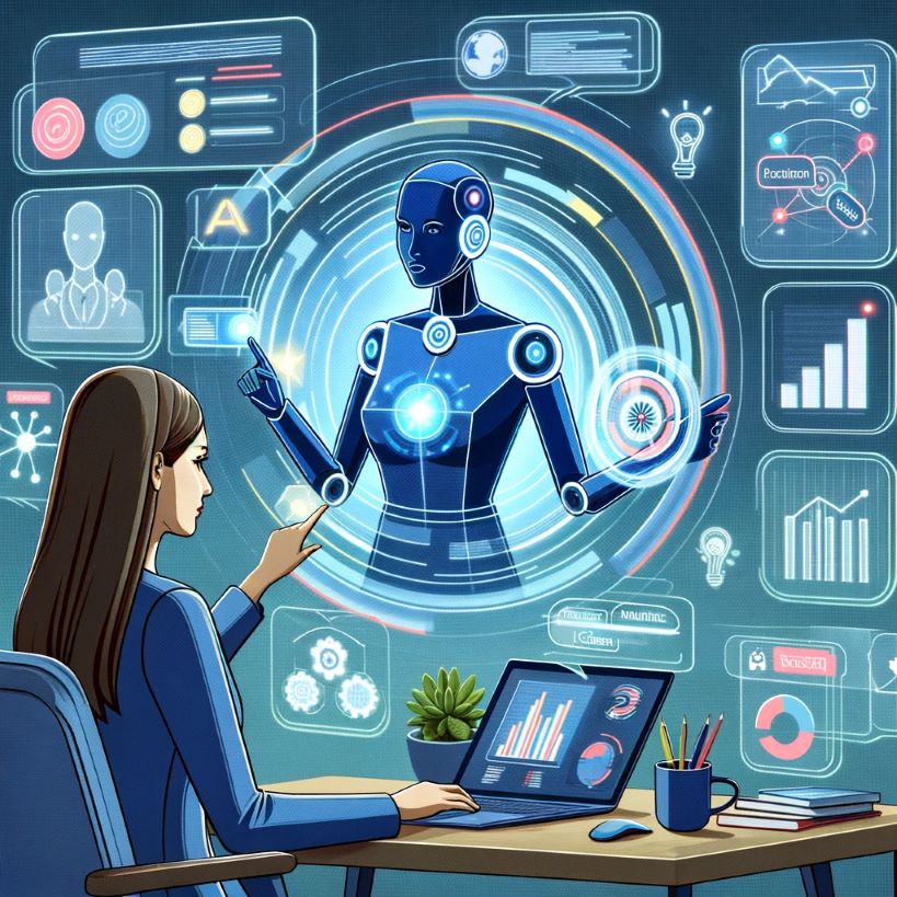 A solo female entrepreneur at her desk with a laptop, collaborating with a holographic AI assistant displaying roles like market researcher and financial advisor, amidst digital screens showing business analytics.