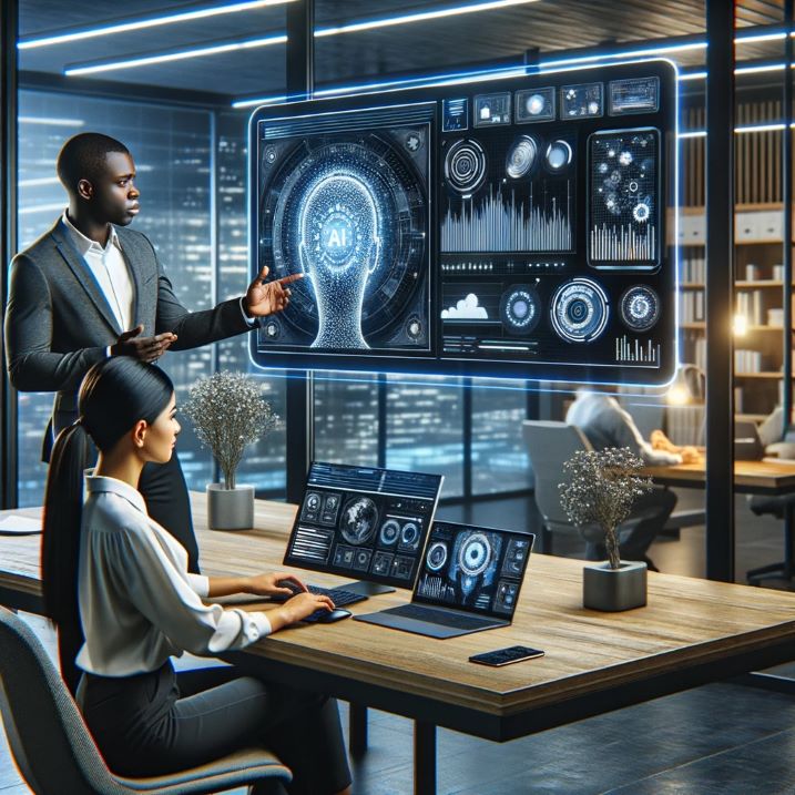 A black man and a Latina woman engaging with futuristic AI technology in a modern office setting, highlighting advanced analytics and data interpretation.'