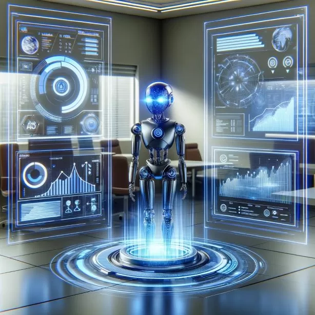 A futuristic AI computer with a holographic interface, analyzing a social media marketing plan on floating digital screens in a modern office setting.
