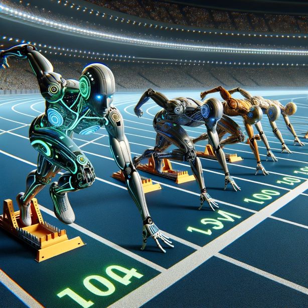 Six distinct AI entities in a high-tech race on a futuristic 100-meter track, showcasing intense competition and dynamic movement.