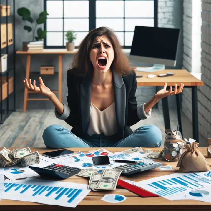 Frustrated woman entrepreneur at a cluttered desk with financial charts, graphs, and a calculator, symbolizing financial management challenges in a side hustle.