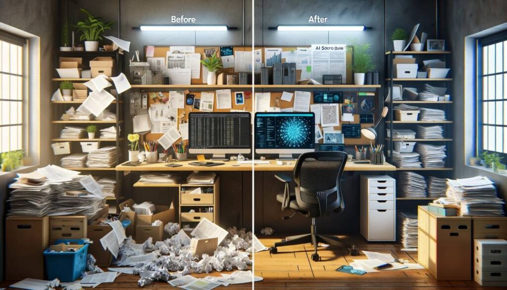 Side-by-side comparison of two workspaces: on the left, a cluttered, disorganized desk with papers scattered and cramped space; on the right, the same desk neatly organized with AI tools displayed on computer screens, symbolizing an efficient and modern workspace.