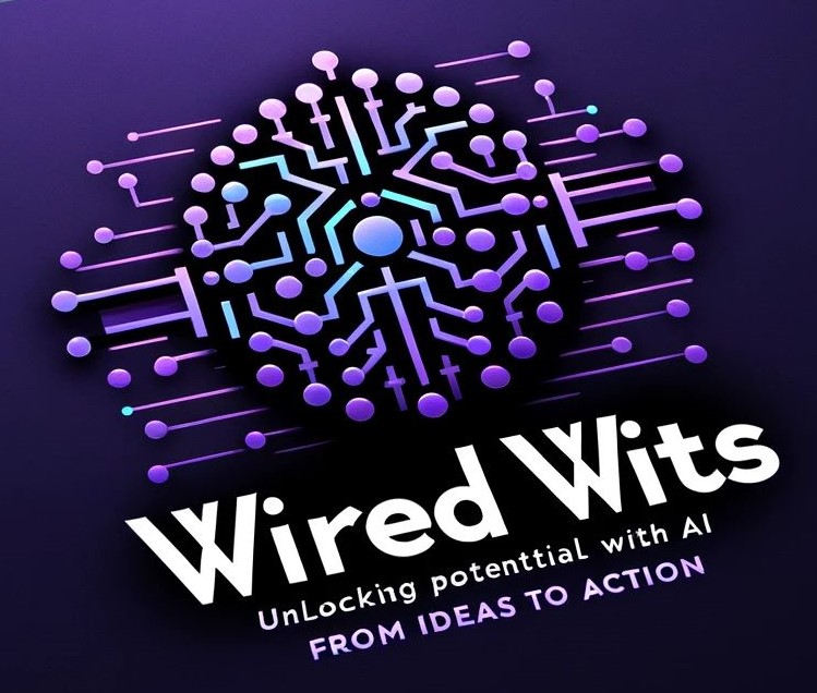 Logo of Wired Wits featuring a stylized digital brain in purple and blue hues with interconnected nodes and pathways, symbolizing a network. Below the image, the text reads 'Wired Wits - Unlocking potential with AI FROM IDEAS TO ACTION' in white font against a dark background.