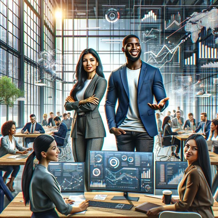 A diverse team of a black man and women of different ethnicities collaborating in a bustling office environment, with digital data displays indicating a successful enterprise.