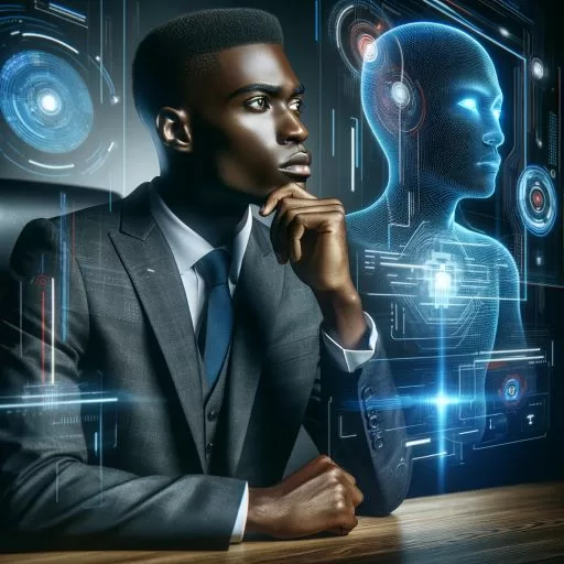 A contemplative man sitting at a desk with futuristic holographic AI interfaces surrounding him. Avoid premature side hustle shifts.