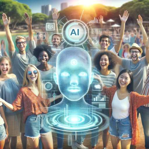A diverse group of people enjoying interaction with a futuristic AI interface in a sunny outdoor park.