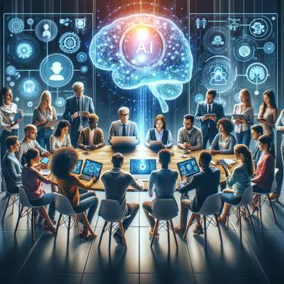 A diverse group of people collaboratively learning about AI technology around a table with a holographic AI brain, symbolizing the inclusive journey on the AI Frontier.