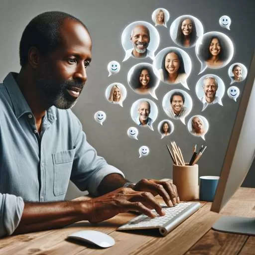 Middle-aged black man at a computer with happy faces in bubbles above his head.