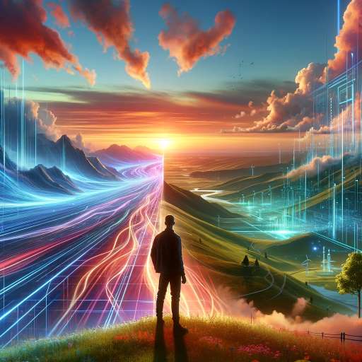 A silhouette of a person standing at the dawn of the AI frontier, where a vibrant sunrise merges with a futuristic digital landscape.