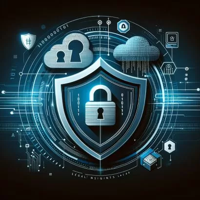Modern image featuring elements of data privacy including a digital lock, shield, binary code, and cloud computing icons, symbolizing secure information protection in the context of 'Legal Insights' for businesses.
