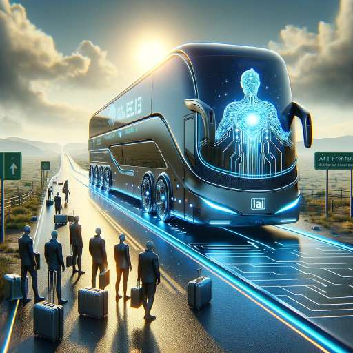 A sleek, futuristic bus at the ready, with people gearing up to board, symbolizing Wired Wits' invitation to explore the AI Frontier together.