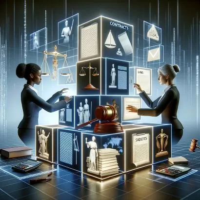 Futuristic image of two women, a black woman and a white woman, stacking legal-themed building blocks representing contracts, scales of justice, and a judge's gavel, symbolizing the building of a business on a solid legal foundation.