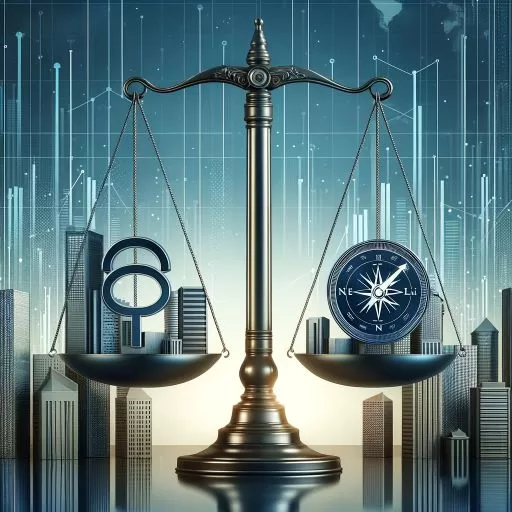 Modern image showing a balanced scale with corporate buildings on one side and a moral compass and ethical symbols on the other, symbolizing the balance between business success and ethical practices.