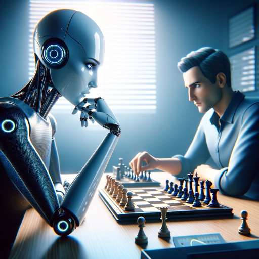 A futuristic AI robot and a man engaged in a game of chess, symbolizing the intersection of technology and human strategy.