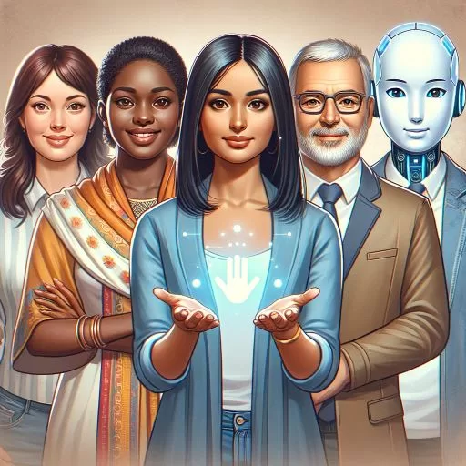 A diverse group of people including a woman of Indian descent, an African American woman, a middle-aged white man, and a friendly AI character, all smiling and gesturing invitingly.