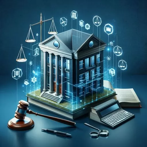 Modern image depicting a business structure built on a foundation of legal symbols including a gavel, scales of justice, legal documents, and a law book, symbolizing the importance of a legal foundation in business success.