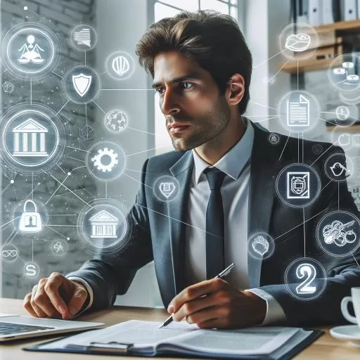 Focused entrepreneur at a modern workspace, surrounded by floating icons representing legal insights such as contracts, licenses, and intellectual property.