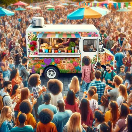 A food truck at a community event, surrounded by a lively crowd.