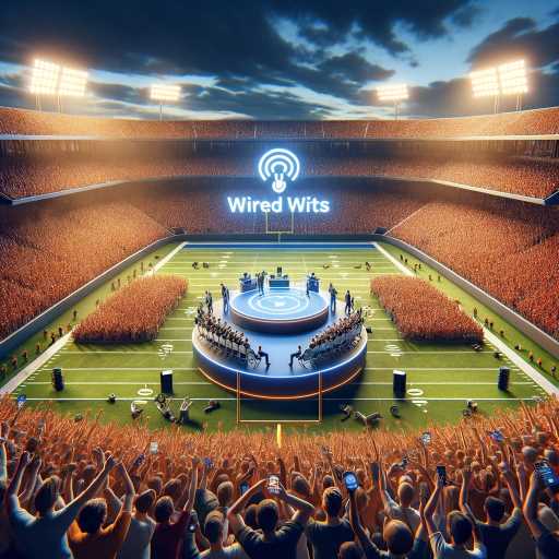 Cheering fans in an American football stadium focused on a central round stage with 'Wired Wits' displayed, eagerly anticipating a successful product launch.