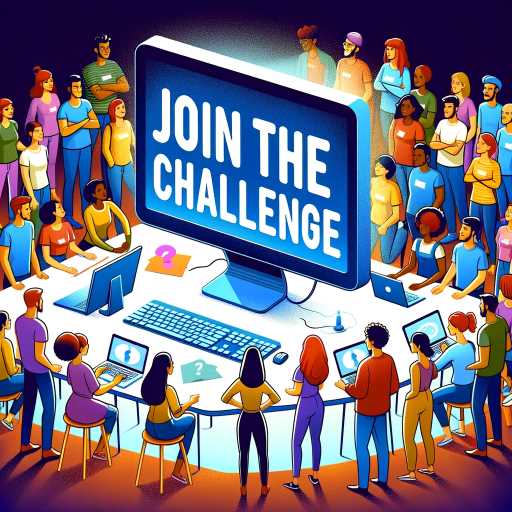 Diverse group of individuals engaging with a digital 'Join the Challenge' invitation, symbolizing community participation in prompt engineering.