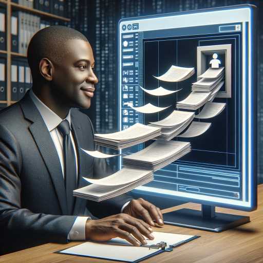 Middle-aged black man watches as papers are digitized by AI, showcasing the efficiency of AI in professional services, with documents transitioning from physical to digital.