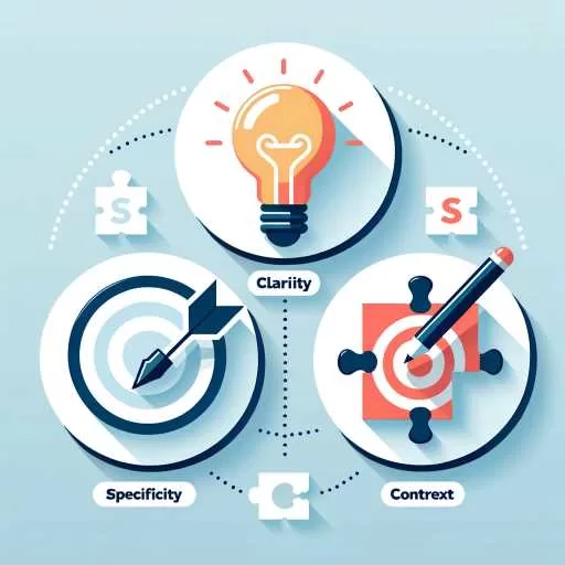 Infographic with three key icons for crafting effective prompts: A lightbulb symbolizing clarity, a target for specificity, and a puzzle piece for context, illustrating the essential steps in prompt engineering.
