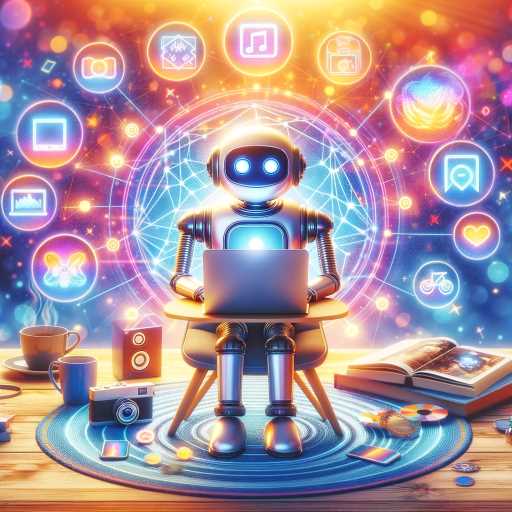 Illustrated friendly robot at a desk with a laptop, surrounded by movie, music, and camera icons, depicting machine learning decoded in daily life.