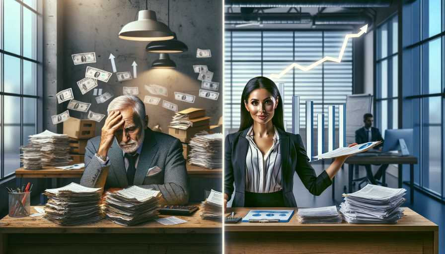 Image depicting the stark contrast between an older white man small business owner struggling with bills and a Latina woman thriving due to strong business credit. Proactive credit building, Leveraging AI for business credit