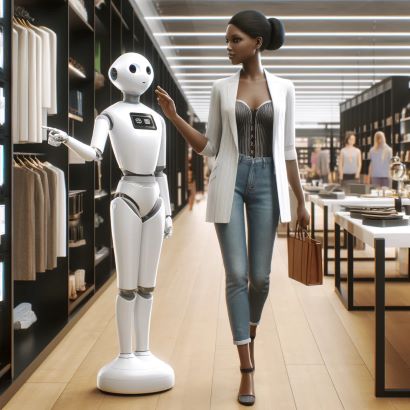 Woman shopping in a modern store, assisted by an AI robot concierge pointing at products, highlighting a personalized customer experience.