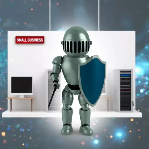 An AI Centurion bot with shield and armor, guarding a small business's computer systems, epitomizing cybersecurity for small business.