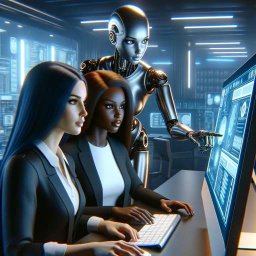 AI Misconceptions A Beginner's Guide to AI. A futuristic office scene where two women collaborate at a computer, assisted by an AI robot pointing at the screen.