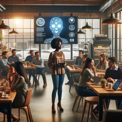 A black woman business owner leads an AI-focused workshop in a cozy, tech-integrated cafe, embodying Wired Wits’ brand alignment.